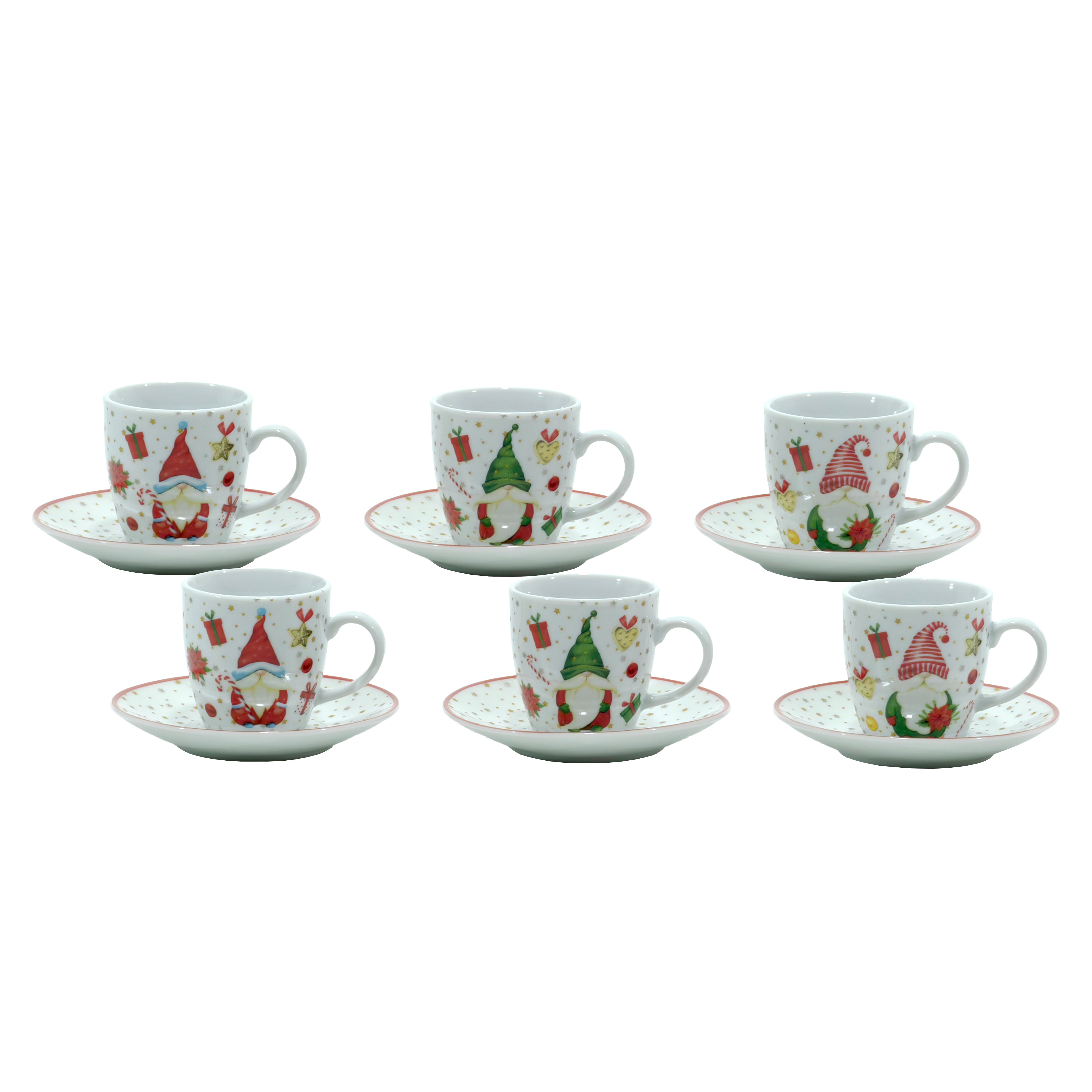 VESTIAMO CASA GRAN NATALE - Servizio da caffè natalizio in porcellana 6 tazzine con piattini Decoro Gnomo